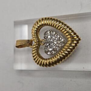 Vintage D'Orlan 1980s Heart Pendant 2 Tone Gold Silver Rhinestone Movement